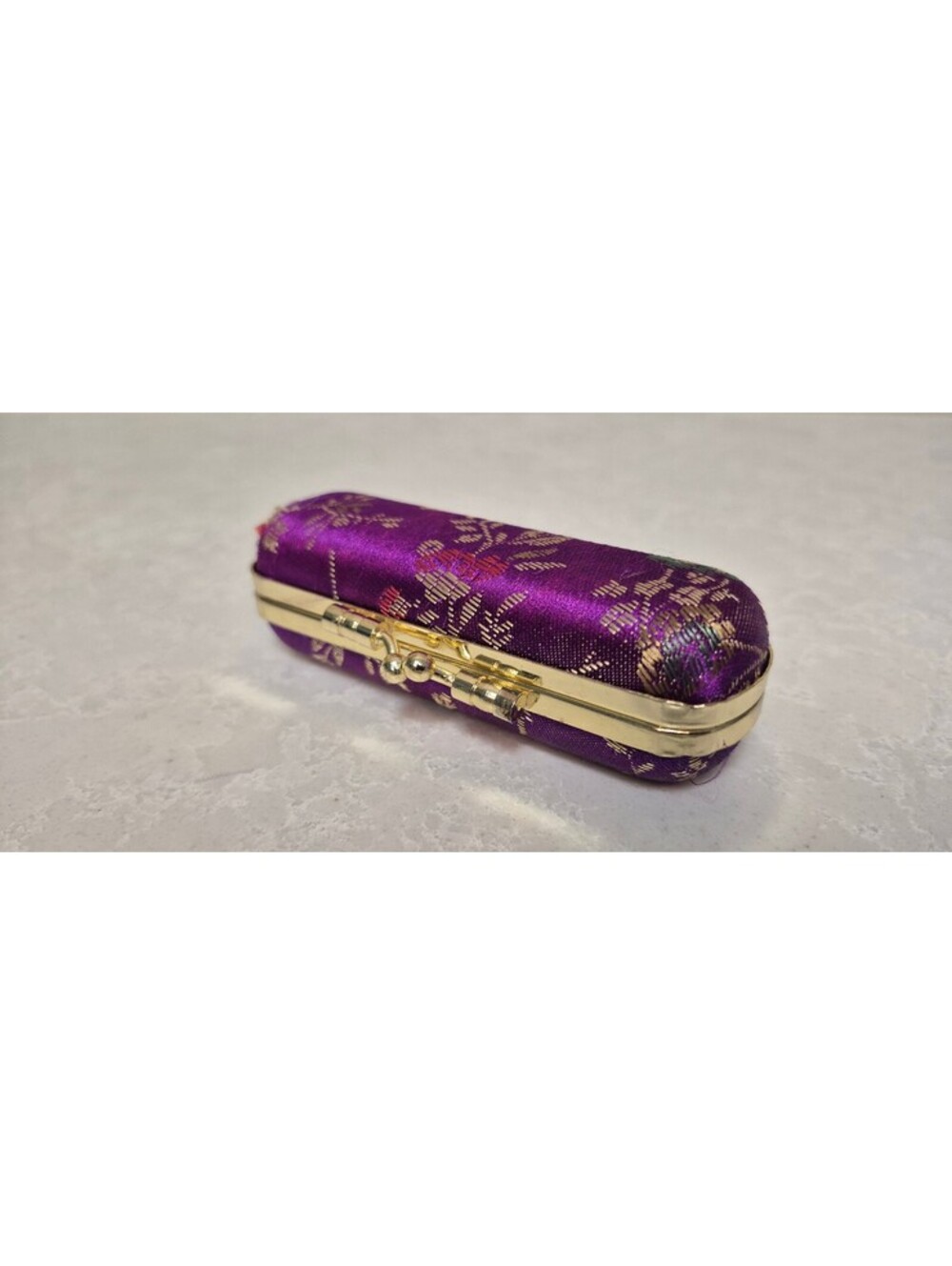 Vintage Purple Silk Brocade Lipstick Case with Mirror – Gold Clasp Vanity Box